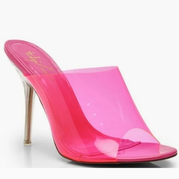 NEW Hot Pink Clear Peeptoe Mule Heels Sz 7 - Picture 3 of 14